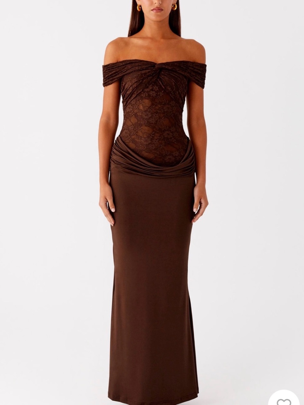 Peppermayo Off-Shoulder Lace Bodice Brown Maxi Dress